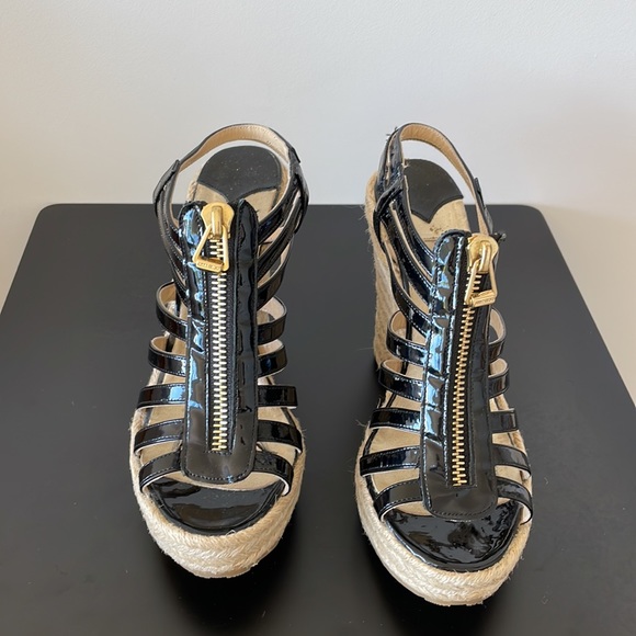 Jimmy Choo Black Patent Leather Zipper Espadrille Wedge Size 39 - Picture 3 of 11